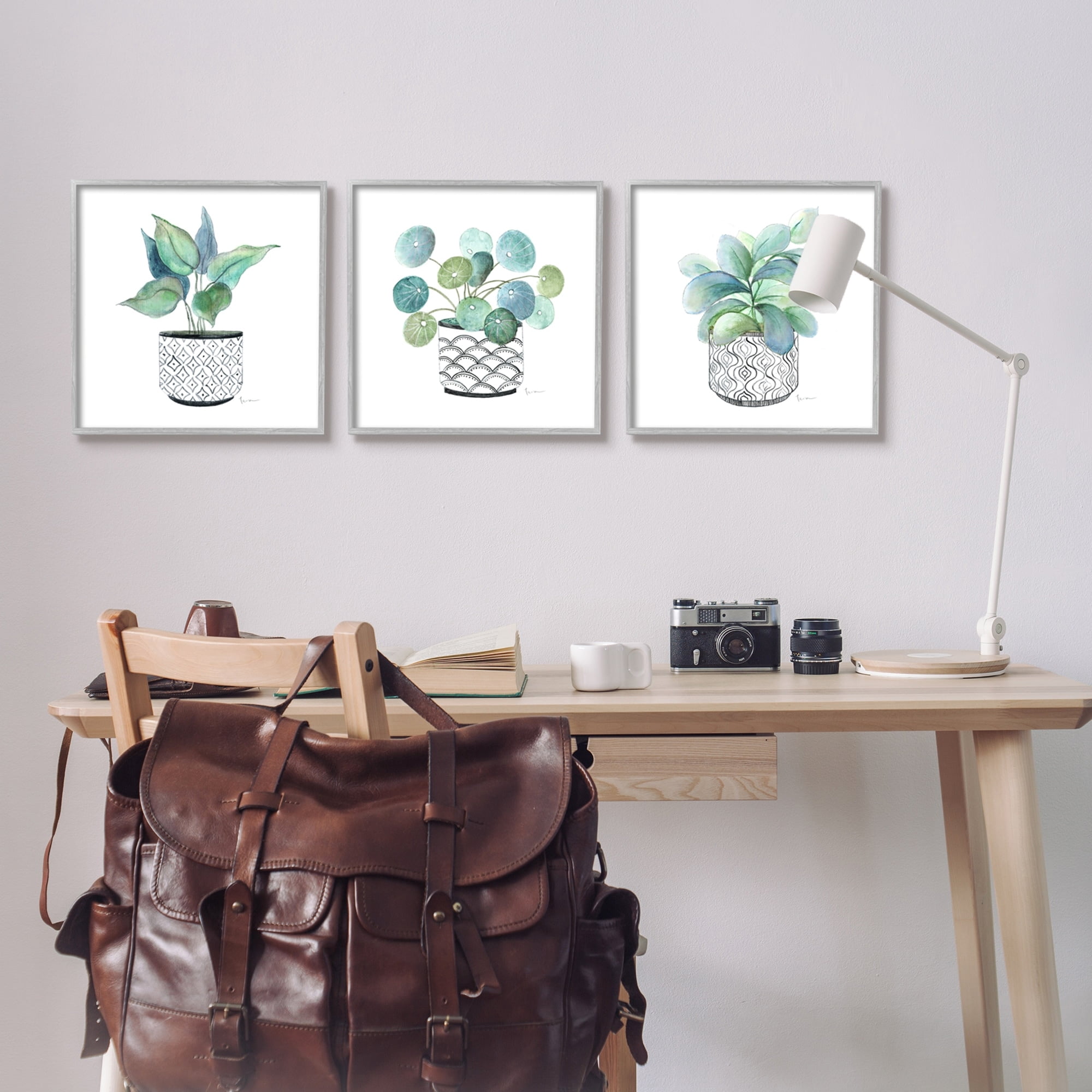 Stupell Industries Patterned Planter Vase Lush Blooming Green Leaves Graphic Art Gray Framed Art Print Wall Art, Set of 3, Design by Tava Studios