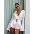 thumbnail image 5 of Women'S Tie Front Tops Sheer Mesh Bell Long Sleeve Ruffle Blouse Shirt Crop Top White L, 5 of 8