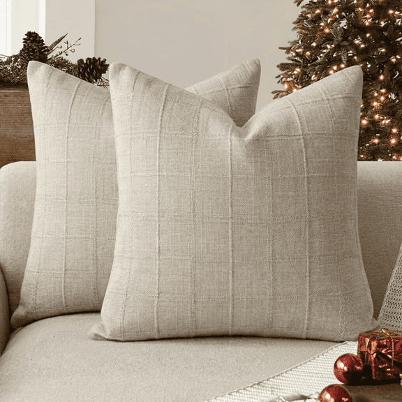 Preminente Pack of 2 Suqare Boho Decorative Throw Pillow Covers for Home Sofa Couch Bedroom Living Room, Neutral Farmhouse Vintage Cushion Cases, 18 x 18 Inches, Beige,