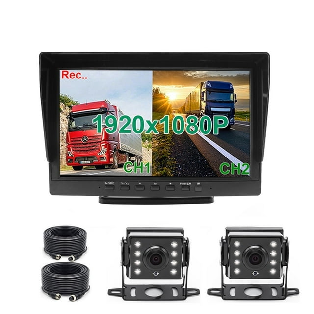 HD 1920x1080P 10.1 Inch IPS Screen Truck Bus Vehicle DVR Recorder Parking Monitor With 2 Channels Front Rear Side AHD Car Camera ,Clear Night Vision