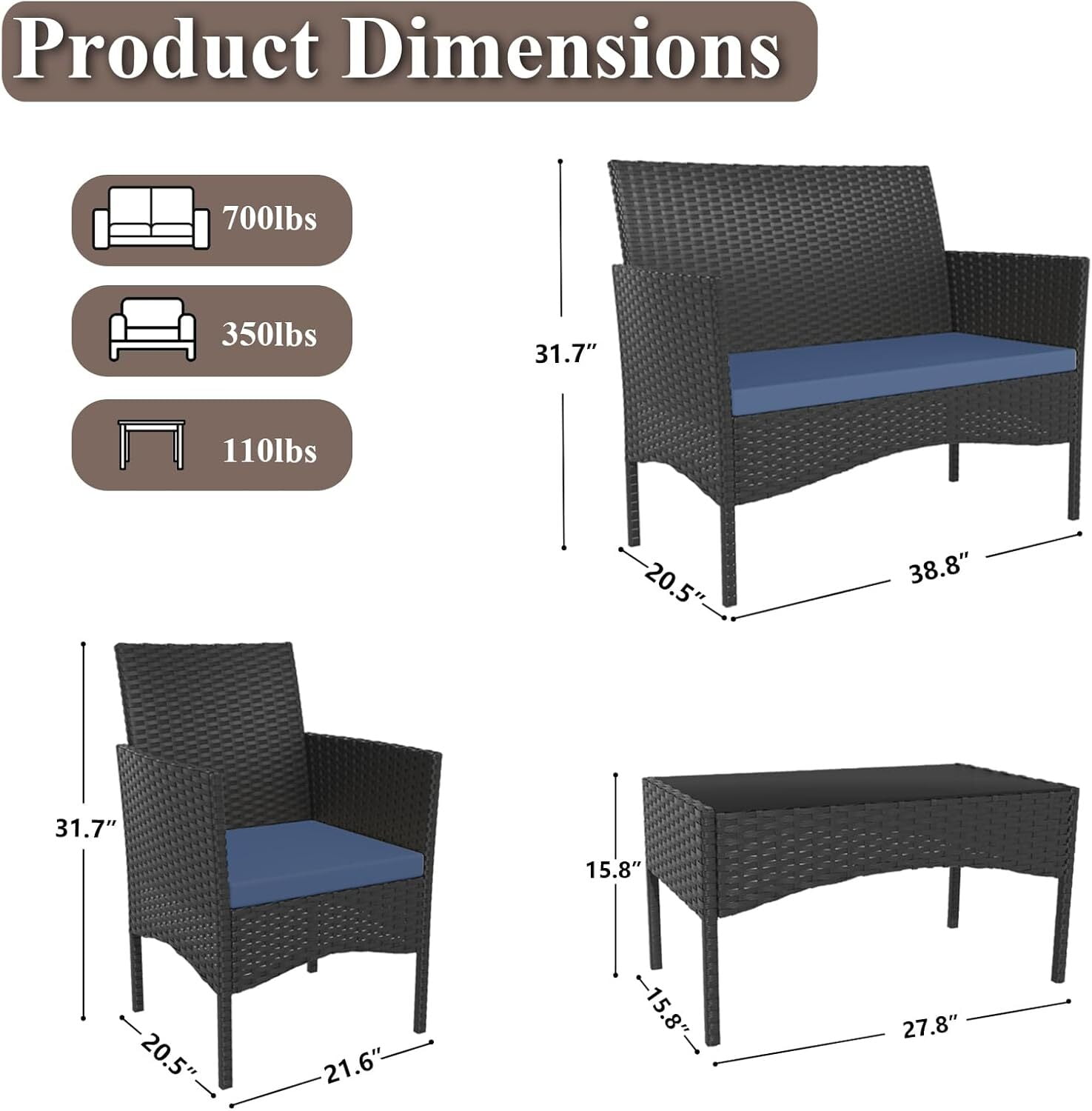 ASJMR 4 Pieces Outdoor Patio Furniture Sets Wicker Rattan Conversation Chair Set with with Cushions & Tempered Glass Table for Patio Pool Backyard,Navy