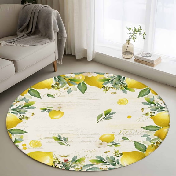 Vintage Lemon Round Rug 3ft Washable Circle Entryway Rugs Non Slip Summer Fruit Rustic Botanical Floral Area Rug Indoor Floor Carpet for Bedroom Kitchen Living Room Home Office Dining Room Nursery