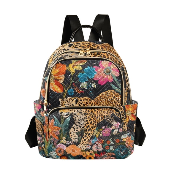 JIALIOU Mini Backpack Purse for Women Quilted Casual Daypack Small Travel Shoulder Bag, Leopard Walking Through Flowers
