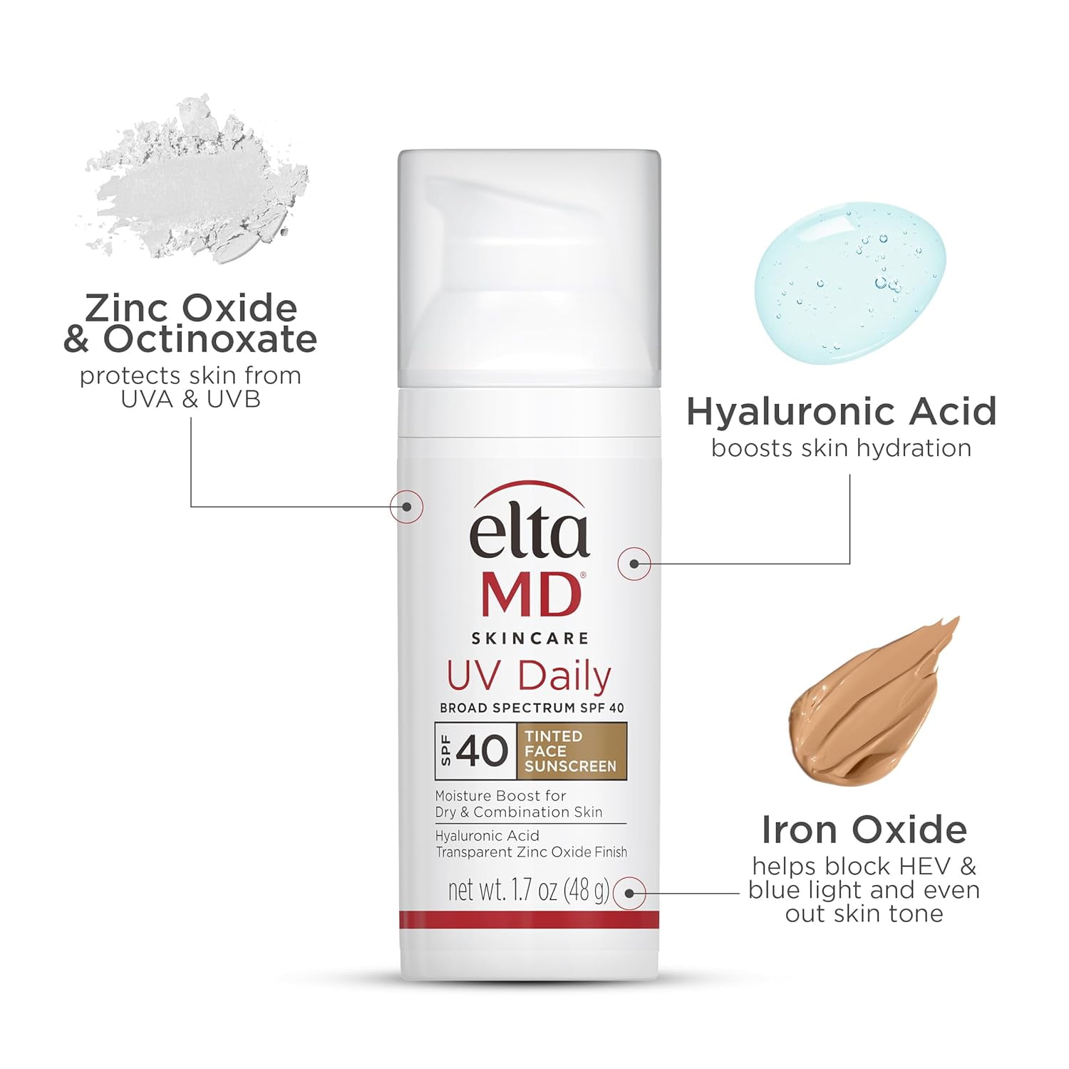 EltaMD UV Daily SPF 40 Tinted Face Sunscreen Moisturizer, Lightweight Tinted Sunscreen for Face Moisturizers, 1.7 oz Pump