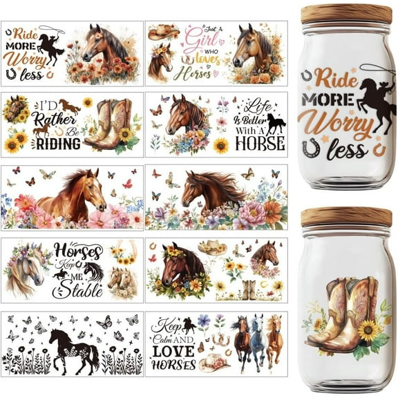 1 Set 10 Sheets Transfers Stickers Waterproof Rub on Transfers Horse Themed Cup Wraps Decal Printing UV Transfer Paper for Glass Cups Furniture Decorations