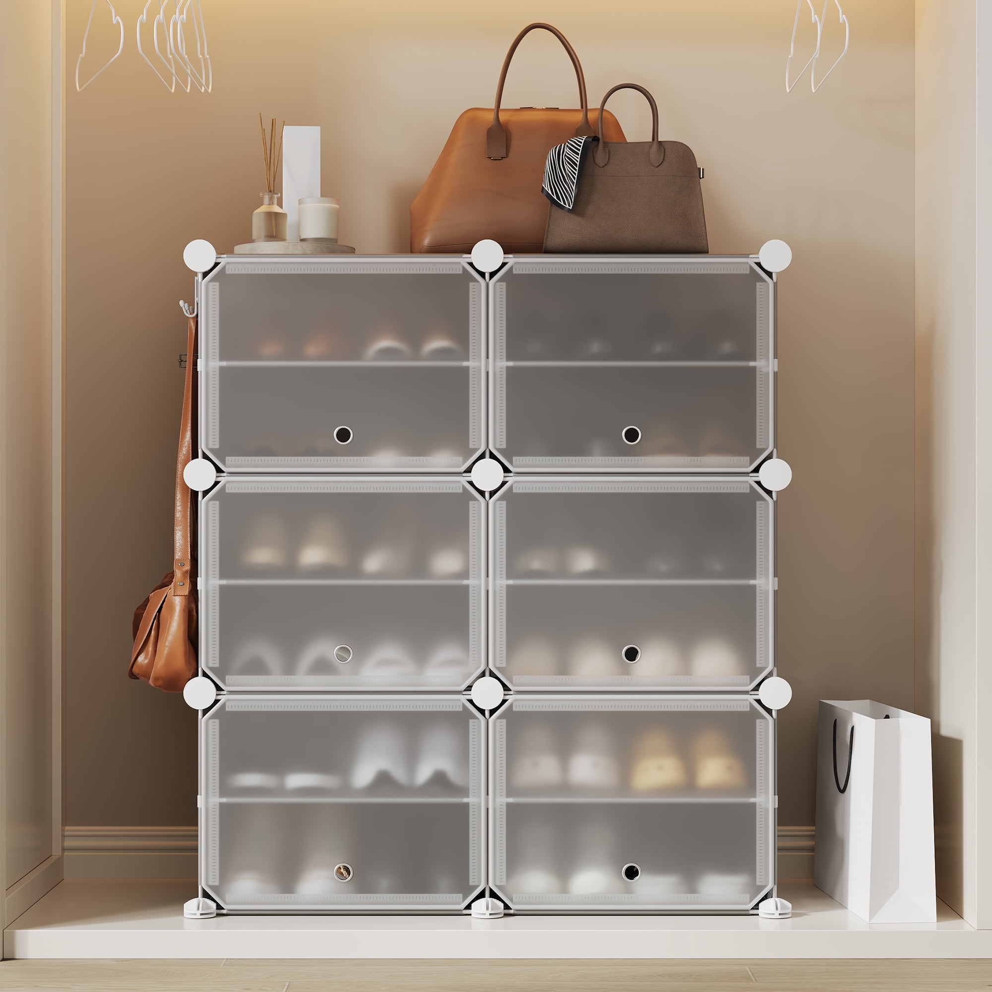 Modular 6-Cube Shoe Storage Cabinet with Doors – 6-Tier Plastic Shoe Organizer – Space-Saving – Easy DIY Assembly – for Entryway, Bedroom, Living Room – Gray