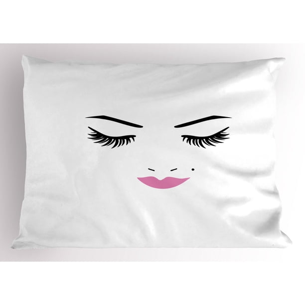 Eyelash Pillow Sham Closed Eyes and Pink Lipstick Glamor Makeup