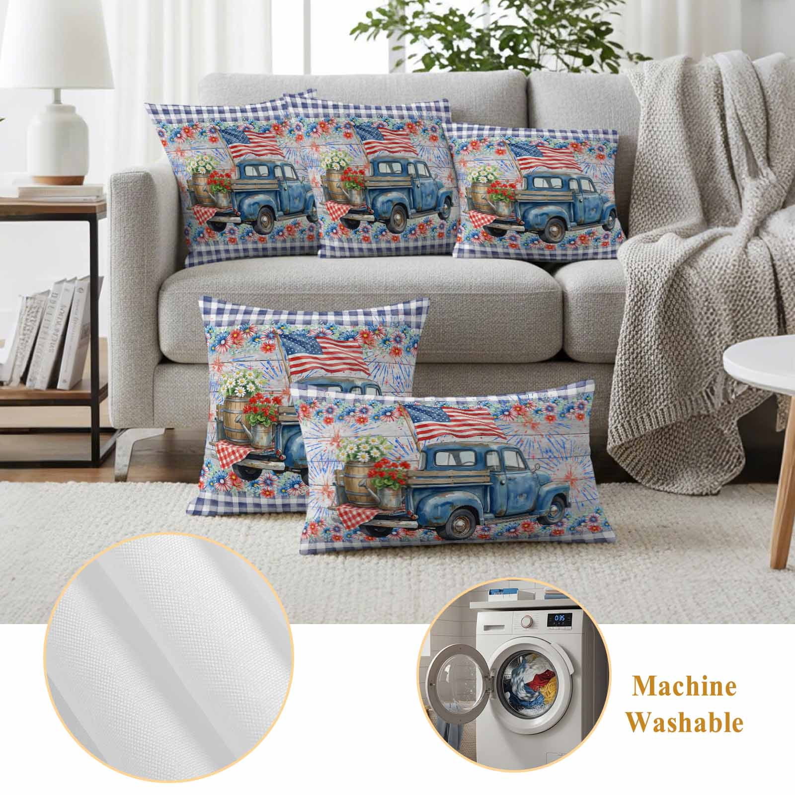 Independence Day Pillow Covers 2 Pack U. S. Flag Retro Truck Flowers Blue Plaid Pillowcase Waterproof Outdoor Throw Pillow Cover for Patio Garden Square Cushion 16”x16”