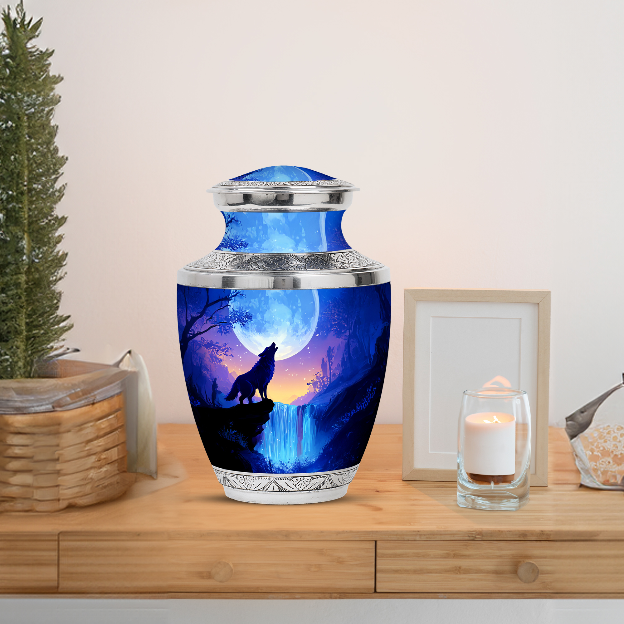 MUKTIVE Waterfall Urns for Human Ashes for Friends, Large Moon Urns for Adult Ashes for Women, Unique Wolf Keepsake Urns for Burial, Memorial Blue Urn for Mom & Dad (1 Large, 4 Keepsake)