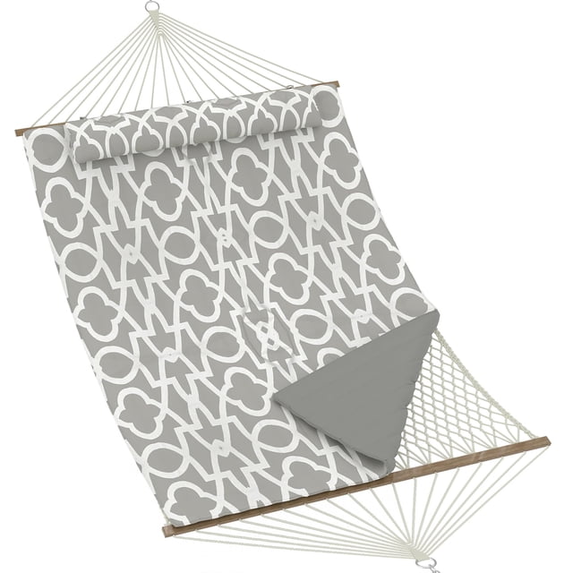 2-Person Hammock with Stand – Cotton Rope Hammock with Polyester Pad, Adjustable Steel Frame, 2-in-1 Design for Patio, Backyard, Garden & Beach – Light Gray Stripes