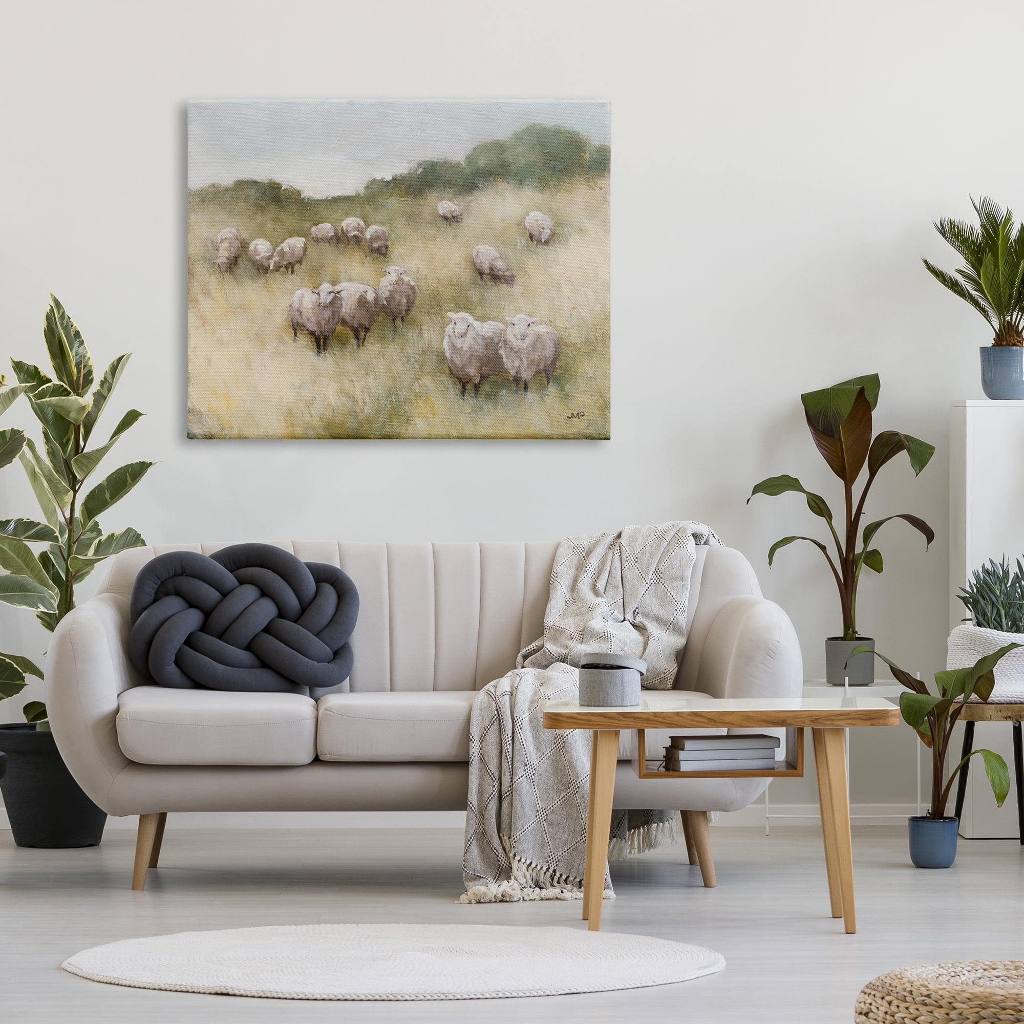Stupell Industries Sheep Herd Rural Grassland Animals & Insects Painting Gallery Wrapped Canvas Print Wall Art, 48 x 36