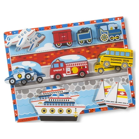 UPC: 0000772037259 | Melissa & Doug Vehicles Wooden Chunky Puzzle – Plane Train Cars and Boats (9 pcs) – FSC-Certified Materials