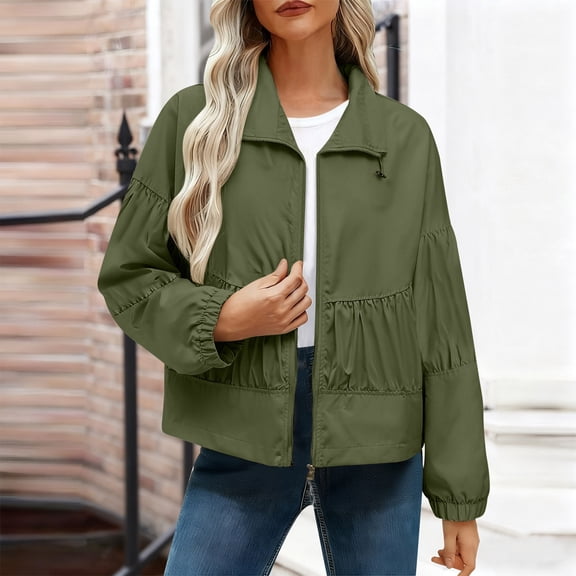 Women's Lightweight Zipper Jacket Pleated Casual Coat Short Jacket Outerwear with Pockets Practical Cold-Proof Windbreaker for Spring Fall Fashion | CSEONE,Army Green XL