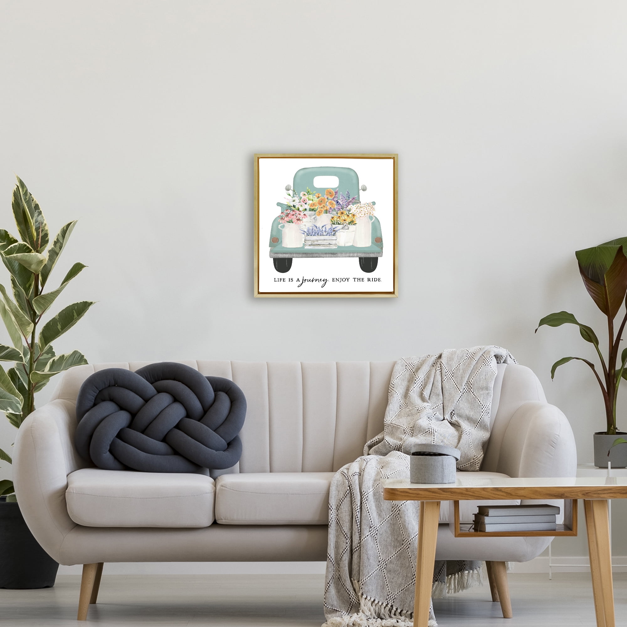 Enjoy Ride Floral Truck Gold Framed Floater Canvas Wall Art, design by Lettered and Lined