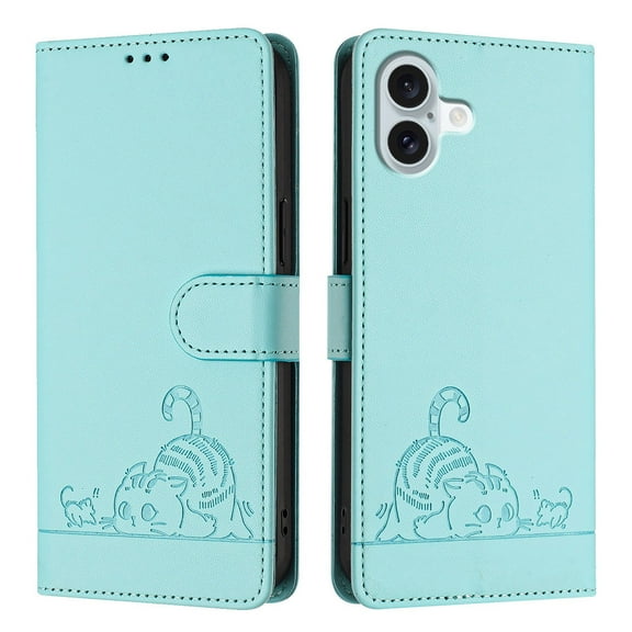 Phone Case for iPhone 16 Plus Wallet Case Cat Pattern PU Leather Case with [RFID Blocking] Card Slots Kickstand Shockproof Magnetic Flip Cover, Mint