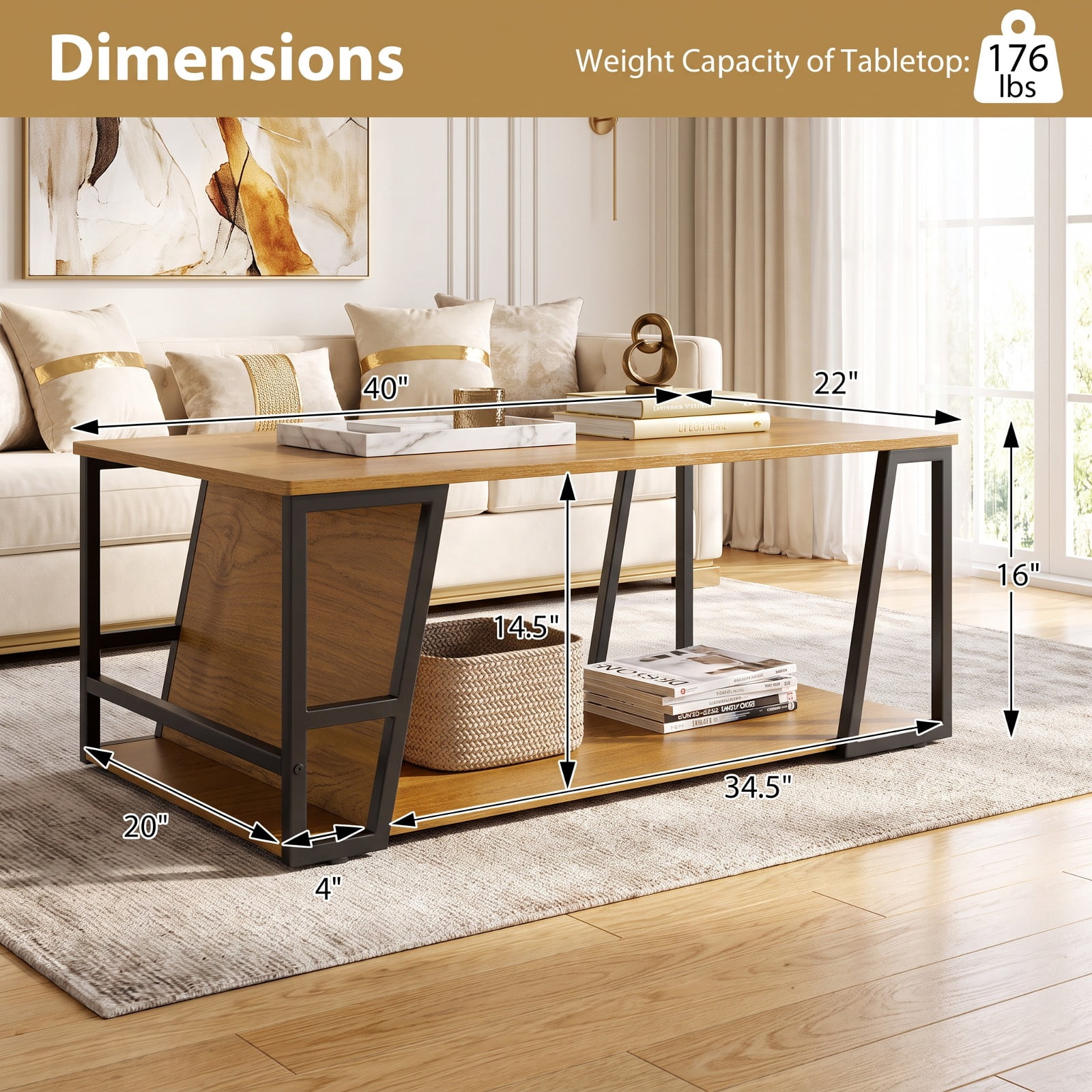 Furnibear Rectangle Industrial Coffee Table 2 Tier Accent Table with Storage Shelf and Side Compartment for Living Room, Natural