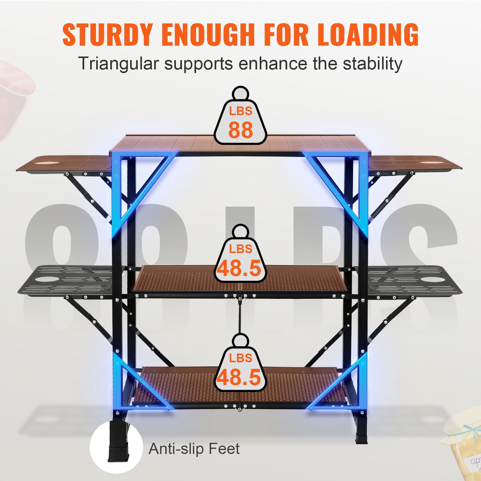 Camping Kitchen Table, One-piece Folding Portable Cook Station with Carrying Bag, Aluminum Camping Table 4 Iron Side Tables & 2 Shelves, Ideal for Outdoor Picnics, BBQs, Camping, RV Traveling