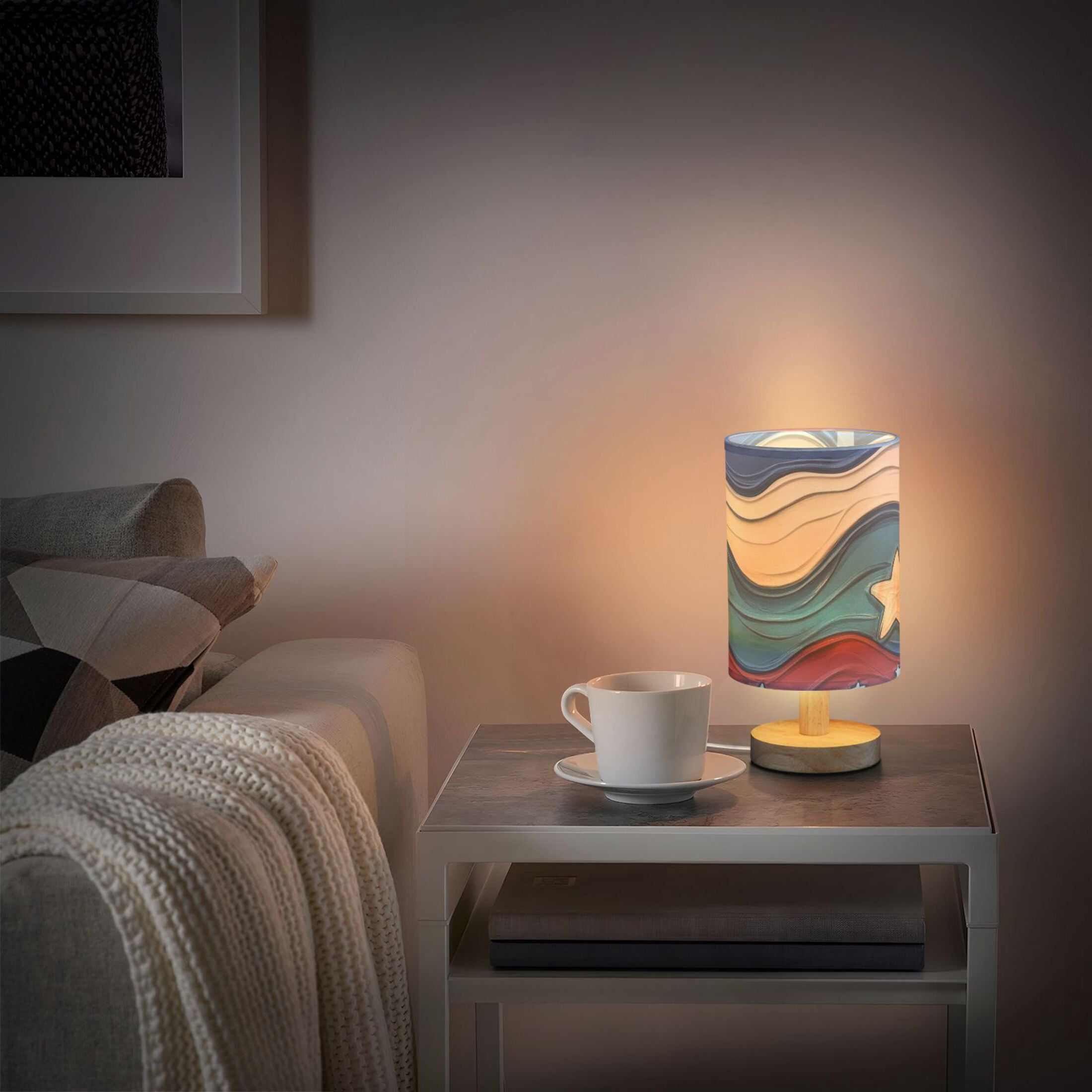 Blue Red White Wavy Stars Oil Painting Table Lamp with USB Port LED Warm Light Lamp Night Light Home Decor