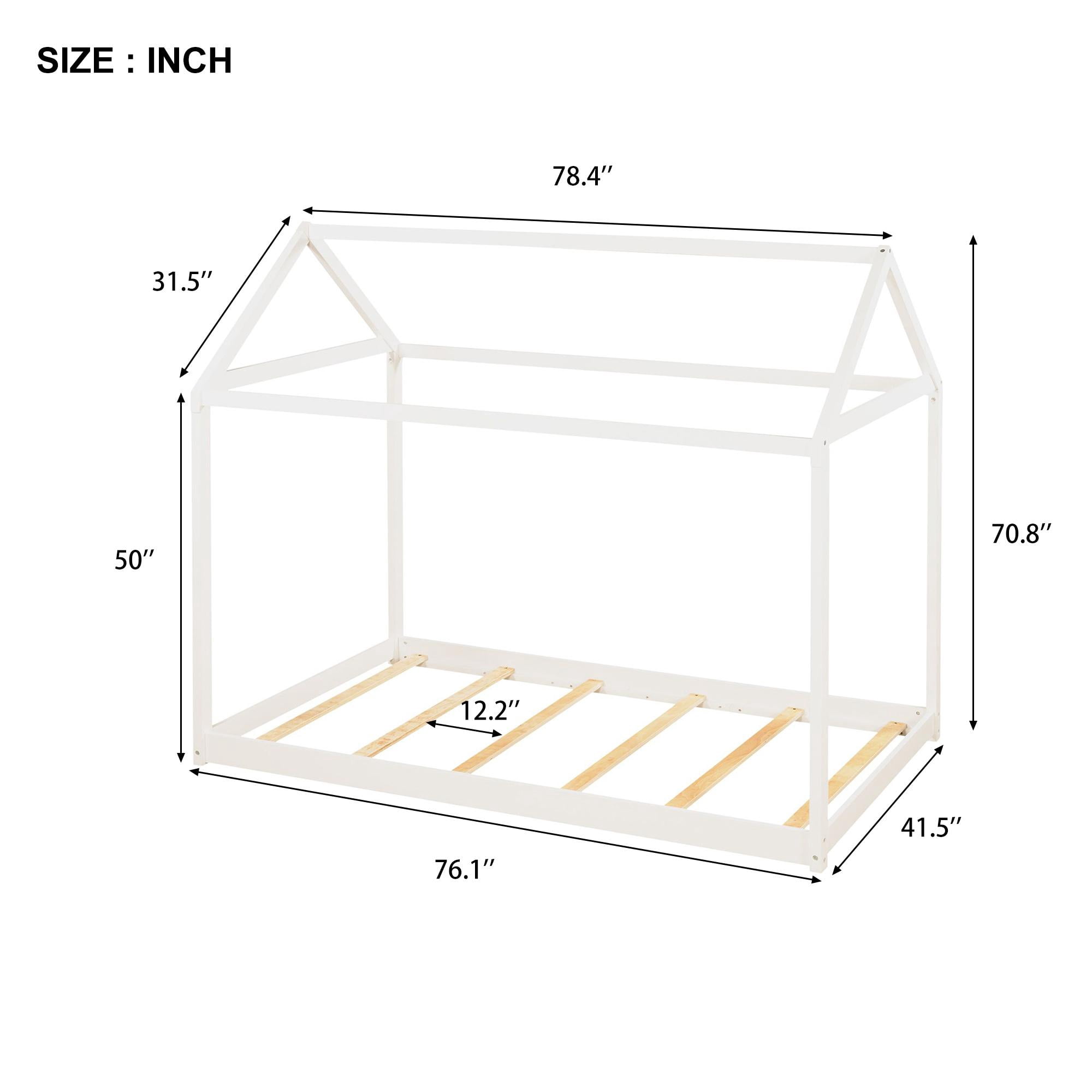 White Twin House Bed for Kids, Pine Wood Toddler House Bed Frame, Floor Canopy Bed with 6 Wooden Slats for Boys Girls Teens Children, Nursery Furniture, No Box Spring Needed, 76.1 x 41.5 Inch