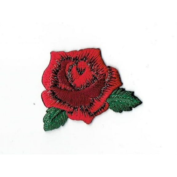 Small Red Rose - Open Flower Petals and Leaves - Iron on Applique/Embroidered Patch