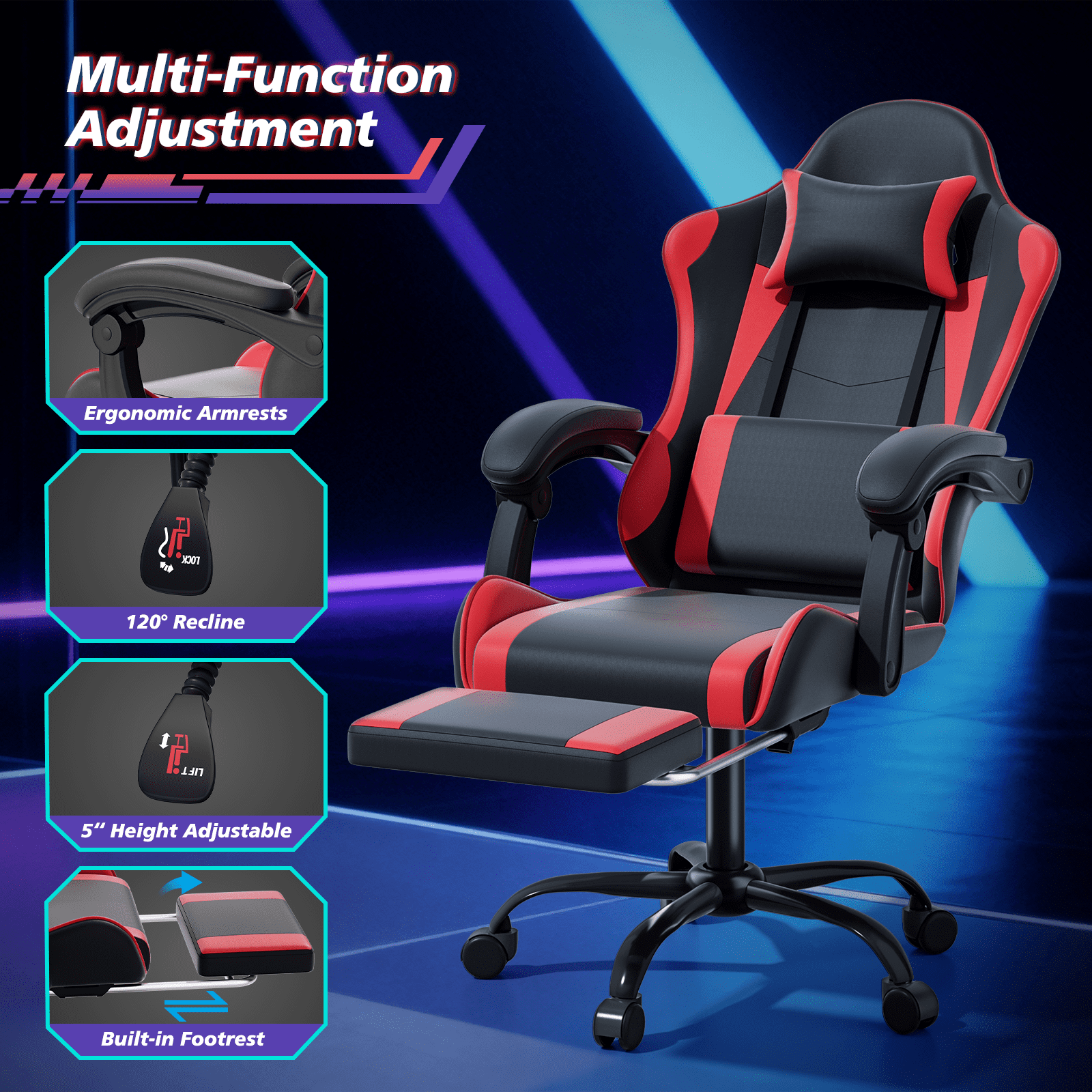 Magshion Ergonomic Gaming Chair with Headrest, Lumbar Support & Footrest - Adjustable Reclining Computer Chair for Adults, High Back Office Desk Chair, 350lbs Capacity， Red