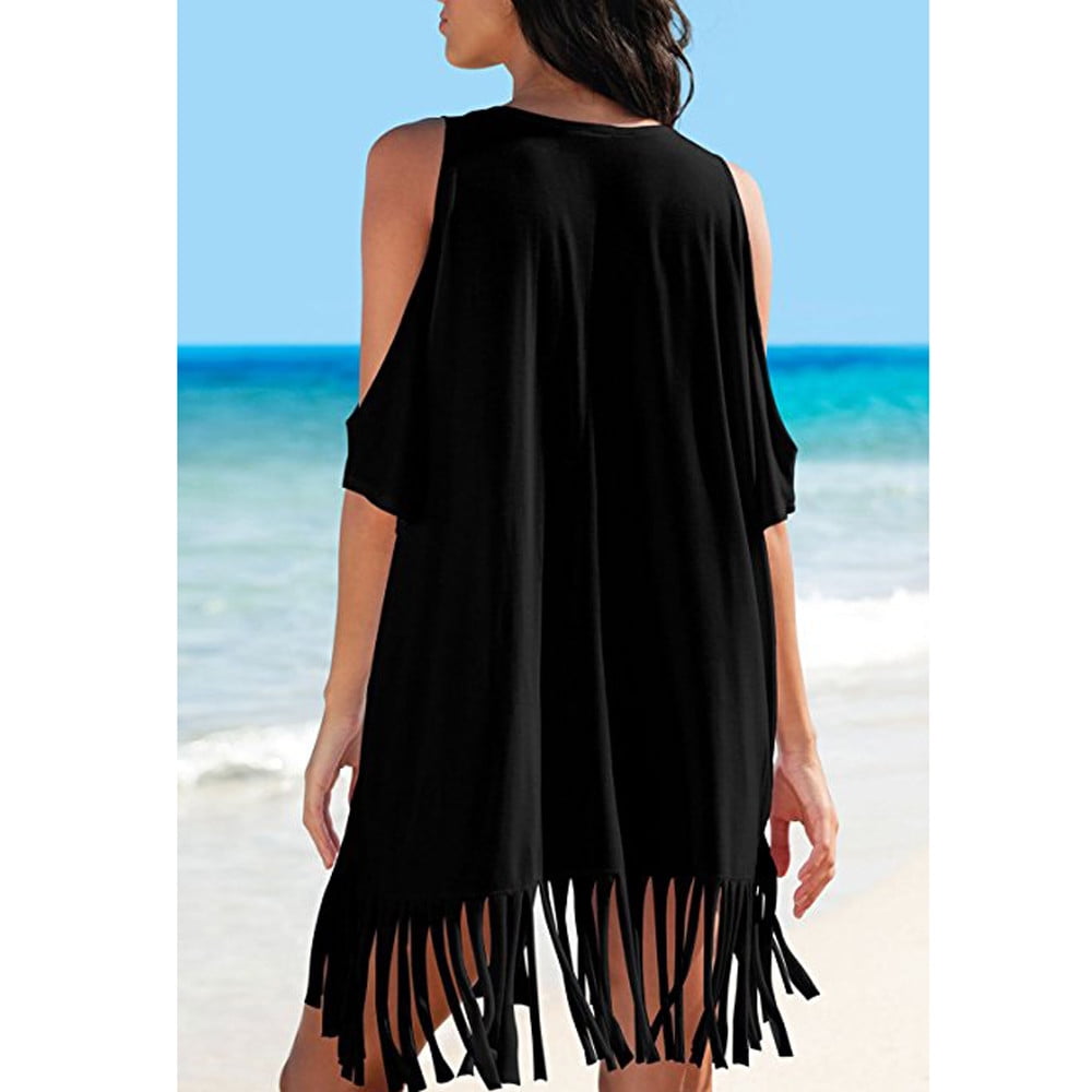 ZEFOTIM Womens Swimwear Bikini Cover-UPS Tassel Letters Print Baggy Beach Dress