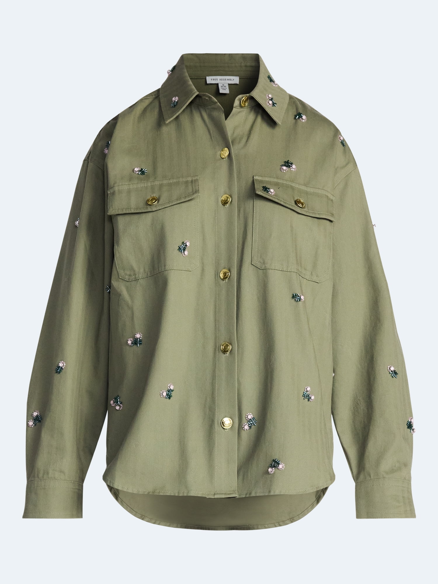 Free Assembly Women's and Women's Plus Embellished Cotton Utility Shirt with Long Sleeves, Sizes XS-4X