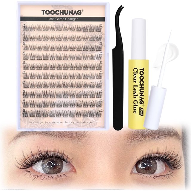 WWS-Natural Kit de Cils en Grappes Kit d'Extension de Cils avec Colle Transparente 8ml 9-12mm Extensions de Cils en Grappes Cils Individuels DIY (120 Pcs, C Curl)