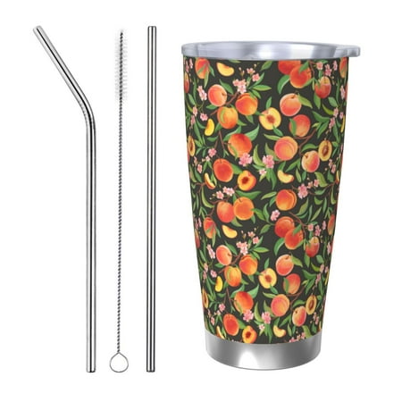 

Zeuib Fruits Peach Printed 20oz Stainless Steel Insulated Car Cup Stainless Steel Thermal Cup Vacuum Insulated Leak-proof Travel Mug Cup-Straw Three-piece Set