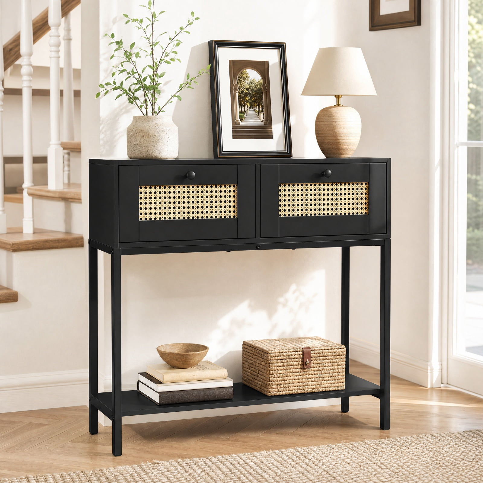 Furnibear Rattan Console Table Boho Entryway Table with 2 Rattan Drawers and Open Storage Shelf for Hallway Living Room, Black