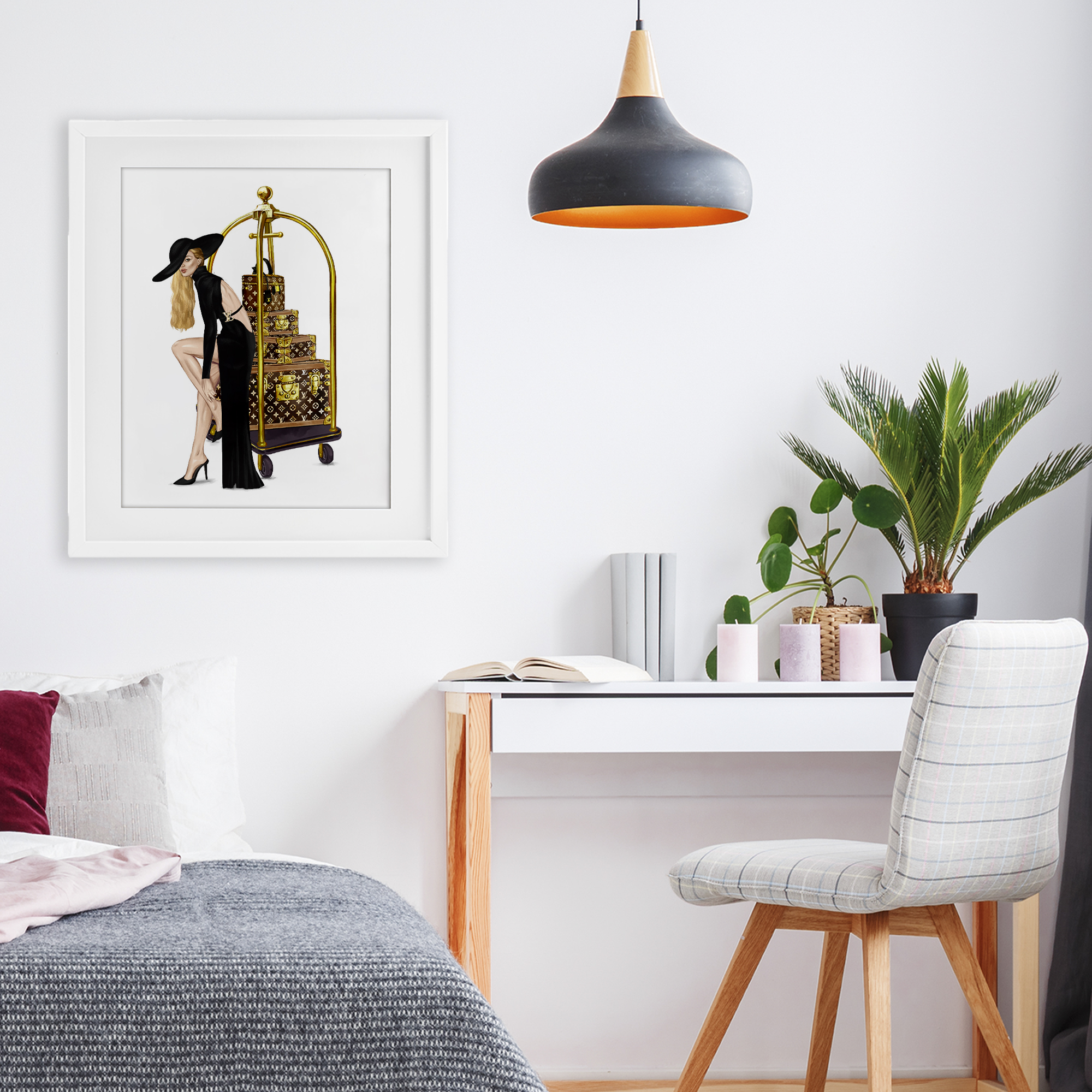 Fashionista with Hotel Luggage White Framed Print Under Glass, design by Ziwei Li