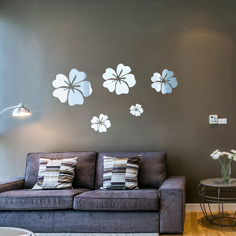 5pcs PVC Flower Mirror Home Art DIY Wall Sticker Living Room Decal Decor 