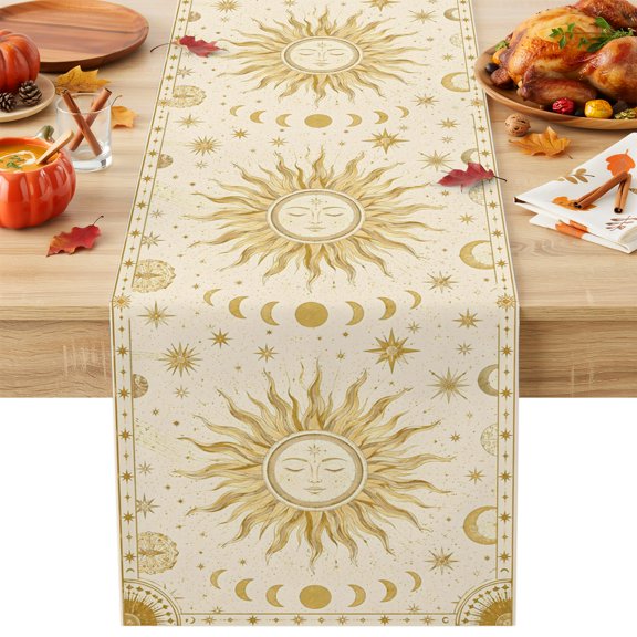 Golden Sun Cotton Linen Rectangle Table Runners 13"x72", Abstract Mystical Universe Planet Moon Coffee Table Runner Dresser Scarves Luxury Table Runners for Wedding Party Banquet Dinner Decor