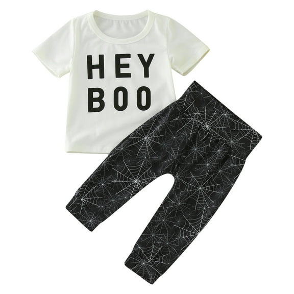 Generic Baby Boys Girls Clothes Set Halloween Letter T Shirt Tops Pants 2PCS Outfits for Christmas Holiday Party Halloween（18-24 Months White）