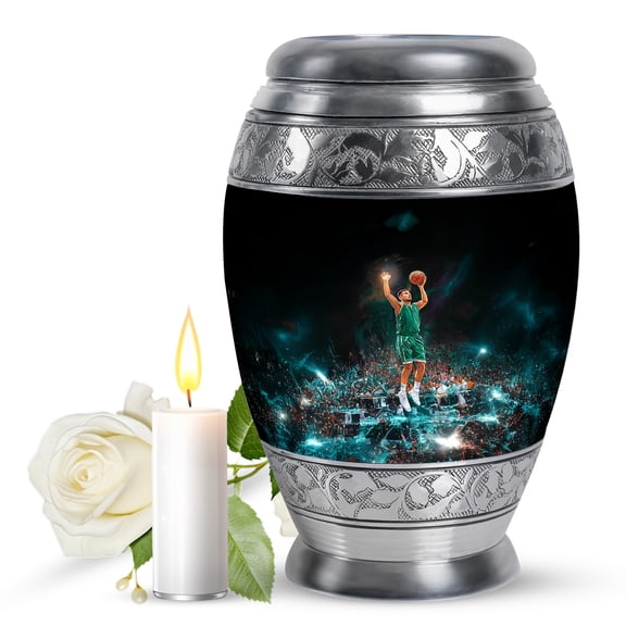 JAGASY Basketball Memorial Large Urn for Ashes Adult Male, Black Urns for Human Ashes for Women, Players in Green Jerseys Decorative Urns for Children, Cremation Urn for Daughter & Son, (10 Inch)