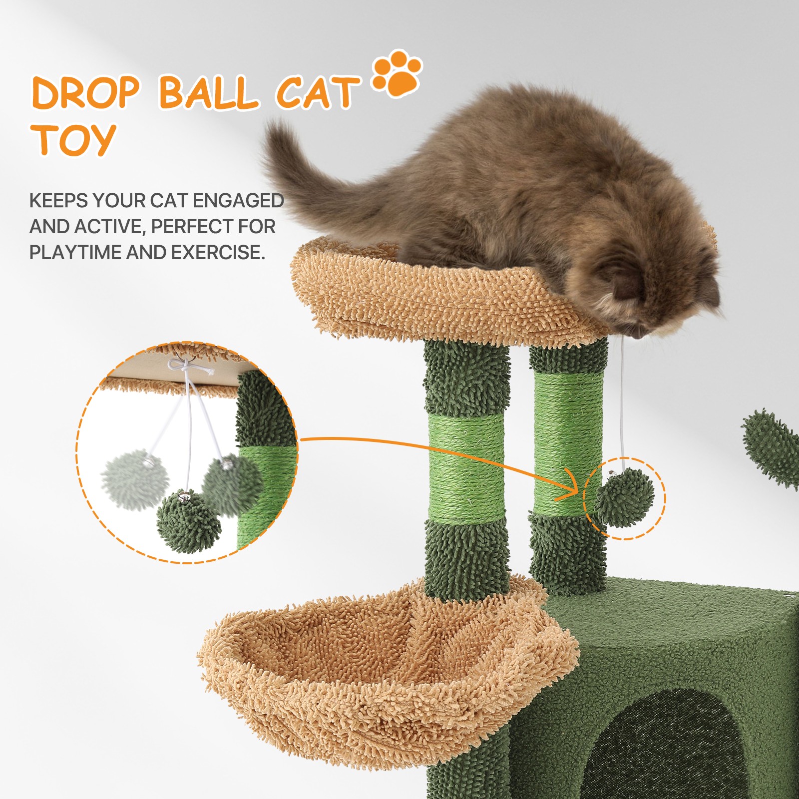 OSM 42-inch Cactus Cat Tree for Indoor Cats, Multi-Level Tower with Condo, Scratching Post, Ramp, Perch, Basket & Toys, Compact Climber for Kittens & Small Cats, Green