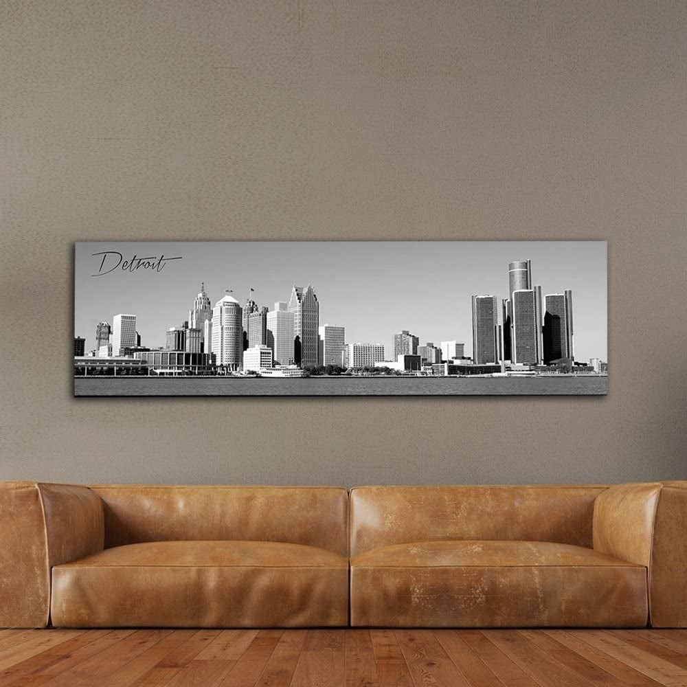 Panoramic Milwaukee Cityscape Picture, Black and White Stretched Canvas Art  Prints, Wall Decoration for Bedroom or Office, Framed and Ready to Hang, 