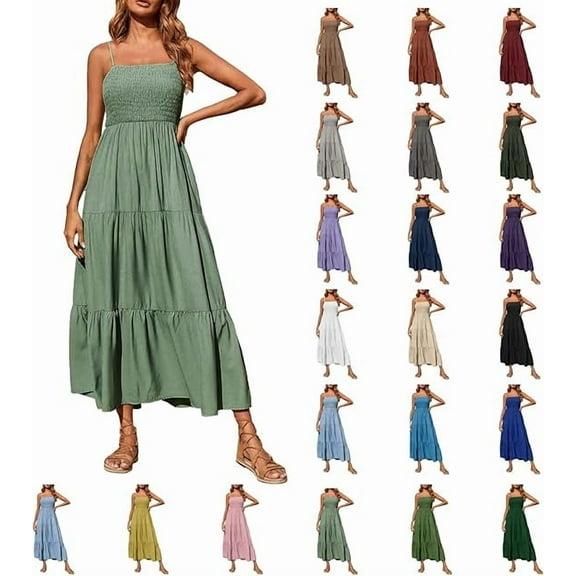 pstuiky Summer Dress, Women Halter Sleeveless Bohemian Maxi Dress Pleated High-Waisted Dress Ankle Dress Sun Dress Leisure Plus Size Dresses for Women Green m