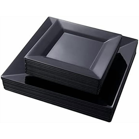 60PCS Black Plastic Plates Square, 30 Dinner & 30 Dessert Plates Heavy Duty, Fancy Disposable Plates for Party, Wedding and other Events