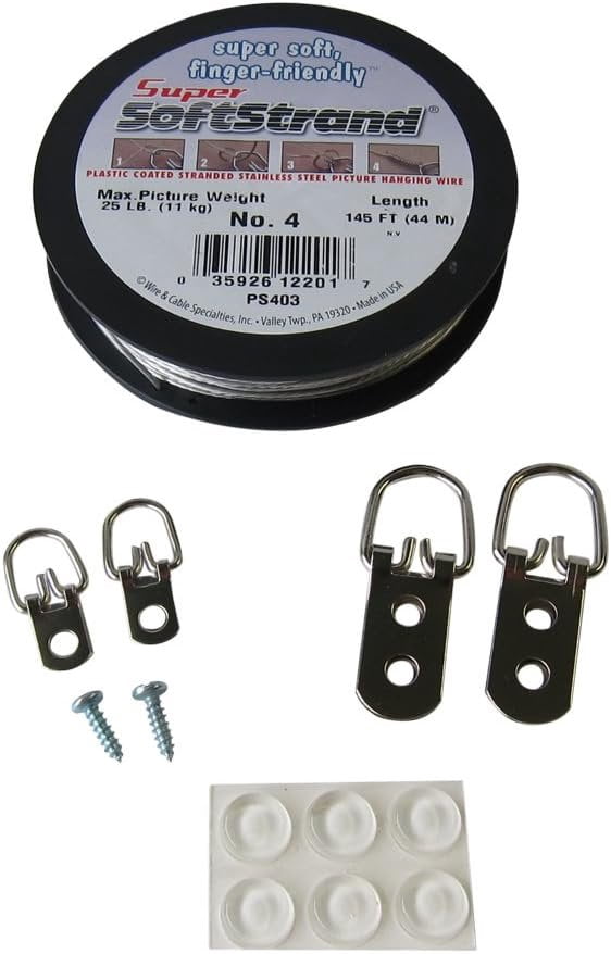 Picture Hang Solutions - Picture Hanging Kit - Includes D-rings, Picture Wire, and Bumpers (Hangs 50 frames)
