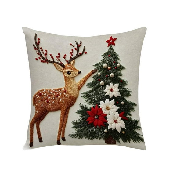 ZOUBAOQ Sarung Kusyen Krismas 45x45cm Dengan Zip Tersembunyi, Corak Salji, Rusa, dan Pokok yang Realistik Untuk Sofa