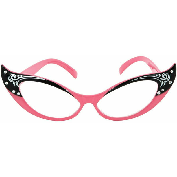 Pink Glasses Vintage Cat Eyes Clear Lens Adult Halloween Accessory
