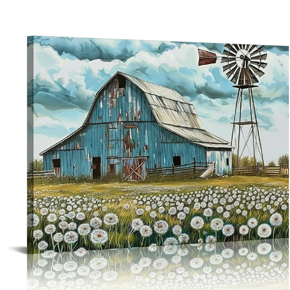 COMIO  Old Barn Canvas Wall Art Farmhouse Windmill Pictures Country Blue Barn White Flowers Painting for Living Room Home Decor Frame