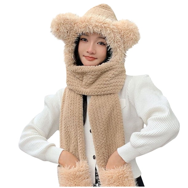 Sombreros de invierno para mujer, color liso, terciopelo, bufanda, cálido, resistente al frío, con orejeras, de poliéster.