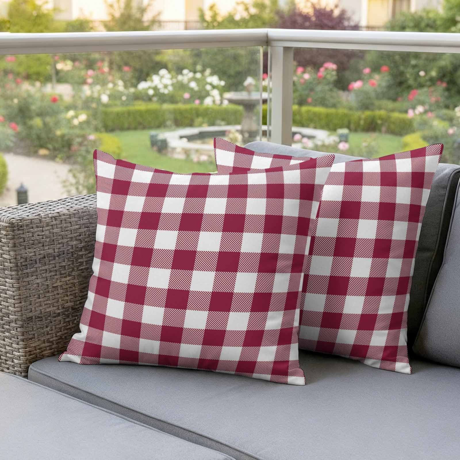 Outdoor Pillow Covers Wine Red and White Plaid Waterproof Pillow Cases 18x18 Set of 2, Modern Rustic Throw Pillow Cover Pillowcase for Patio Balcony Couch Garden