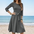 thumbnail image 2 of WTOBBY Women's Classic Solid Color Waistband Round Neck 3/4 Sleeve Dress, Flowy Midi Sundress with Timeless Style for Various Occasions,Dark Gray M, 2 of 5