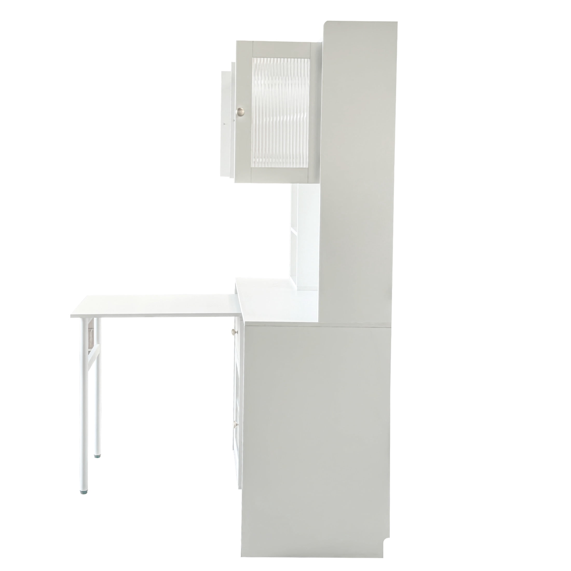 Noble House 70.87" Computer Desk with Hutch, Glass-Door Cabinets, 90° Rotating Desktop, Bookshelf & Drawer, White