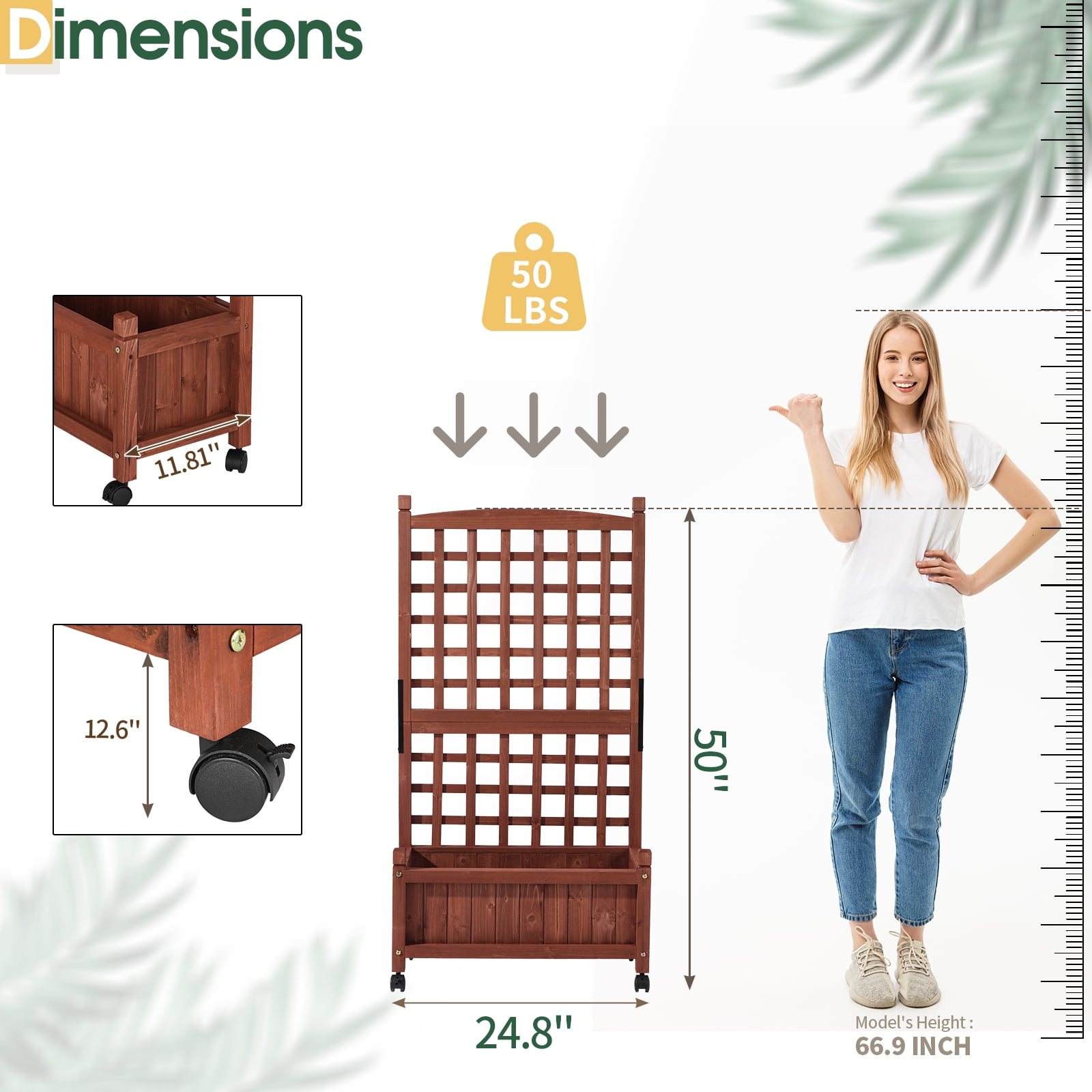 Wooden Raised Garden Bed with Trellis 24.8×11.8×50.0 in, Mobile Planter Box with Lockable Wheels, Fir Wood Vertical Planter for Climbing Plants, Privacy Screen for Patio Balcony Deck