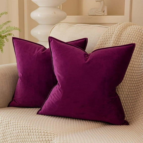 Luxury Velvet Throw Pillow Covers Set of 2, 24x24 Inch Square Cushion Cases for Bed Sofa Living Room, Purple