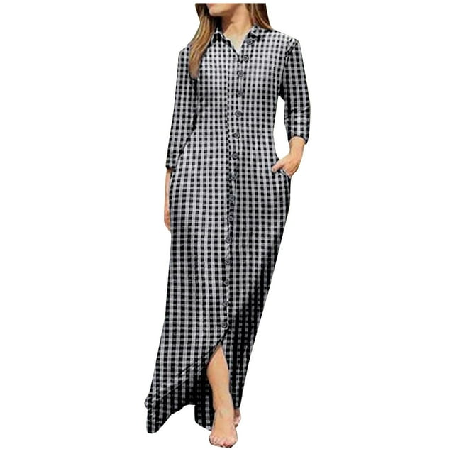 Chemises à Manches Longues pour Femmes Robe Longue Col en V Imprimé Robe Maxi Décontractée Ample Basique avec Poches